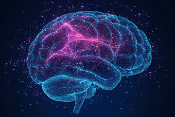 Poster - A glowing brain composed of interconnected nodes on a blue background, representing artificial intelligence, neural networks, and big data technology