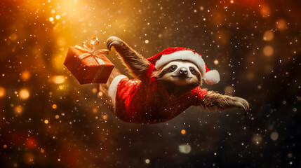 Wall Mural - Cute Santa sloth levitated wearing cloak flying woth gift box studio shot , Fantasy funny animal concept .