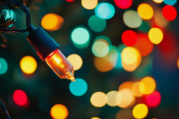 Wall Mural - lighted bulb is hanging from a tree. The bulb is lit up and is surrounded by a colorful background. The image conveys a festive and joyful mood, as it is likely taken during the holiday season