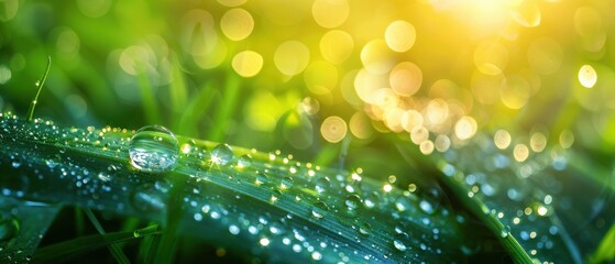 Wall Mural - Close-up of fresh morning dew drops on vibrant green grass, glistening in the sunlight.