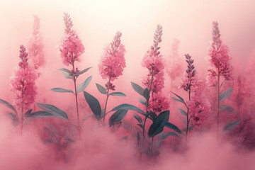 Aufkleber - Dissolving bundles of herbs merging into a soft pastel pink mist,