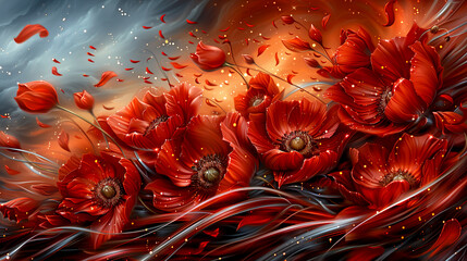 Wall Mural - A painting of red flowers with a grey background. The flowers are scattered throughout the painting, with some in the foreground and others in the background