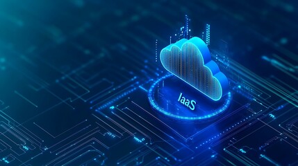 Futuristic cloud computing concept with IaaS icon, representing infrastructure as a service. Digital data storage and technology innovation.