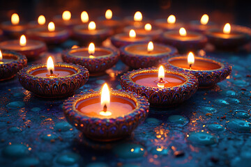 Wall Mural - A close-up of traditional diya lamps emitting a warm glow, surrounded by soft bokeh lights and scattered flower petals. The image captures the serene and festive essence of Diwali