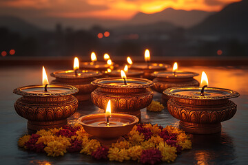 A close-up of traditional diya lamps emitting a warm glow, surrounded by soft bokeh lights and scattered flower petals. The image captures the serene and festive essence of Diwali