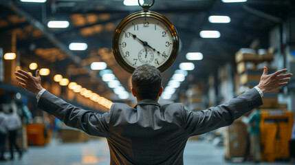 Businessman facing large clock with arms raised in warehouse setting