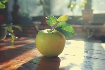 Canvas Print - Fresh Green Apple with Leaves on a Sunlit Wooden Table