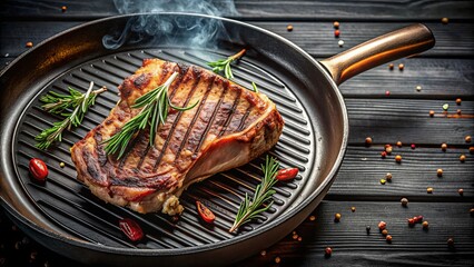 Chop on the bone grill pan with the meat sizzling and charred, ready to be served , grilled, chop, bone-in, cooking, food