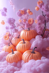 Wall Mural - Floating pumpkins in a pale lavender cloud,