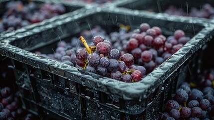 Wall Mural - Freshly picked red grapes in a black crate during grape harvest