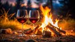 © A.Rod - Campfire glowing in the dark night, surrounded by wine glasses filled with red wine, campfire, wine glasses, wine, flames