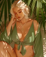 Wall Mural - A woman is sitting in a green shirt and shorts, with a necklace around her neck. She is relaxed and comfortable in her surroundings