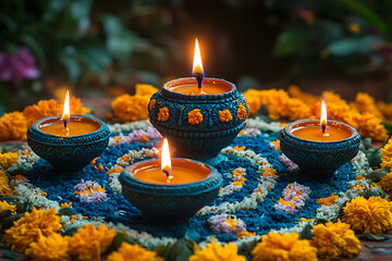 Wall Mural - A close-up of traditional diya lamps emitting a warm glow, surrounded by soft bokeh lights and scattered flower petals. The image captures the serene and festive essence of Diwali