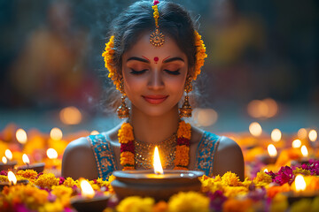 A beautifully dressed woman holding diya lamps in her hands, surrounded by floating candles in water, symbolizing the Diwali festival. She is adorned with traditional jewelry and flowers 