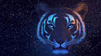 Wall Mural - Abstract depiction of a tiger as a starry sky or cosmic scene, created with points, lines, and shapes that resemble planets, stars, and the universe. Vector representation of the tiger's head.