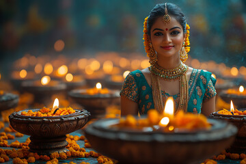 A beautifully dressed woman holding diya lamps in her hands, surrounded by floating candles in water, symbolizing the Diwali festival. She is adorned with traditional jewelry and flowers 