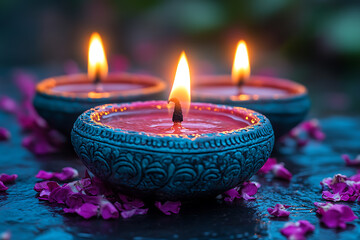 Wall Mural - A close-up of traditional diya lamps emitting a warm glow, surrounded by soft bokeh lights and scattered flower petals. The image captures the serene and festive essence of Diwali