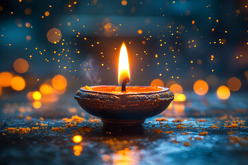 Wall Mural - A close-up of traditional diya lamps emitting a warm glow, surrounded by soft bokeh lights and scattered flower petals. The image captures the serene and festive essence of Diwali