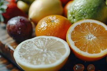 Wall Mural - Vibrant Assortment of Fresh Citrus and Fruits on a Wooden Surface