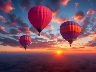 Colorful hot air balloons soar through the sky at sunrise over a picturesque landscape with vibrant clouds