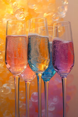 Wall Mural - Floating champagne flutes in a light pastel gold sky,