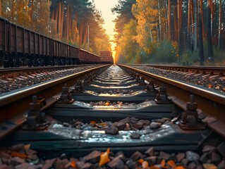 Wall Mural - Sunset over railway tracks in a forest, showcasing vibrant autumn colors along the path leading into the distance