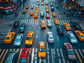 Wall Mural - Busy intersection filled with yellow taxis and cars during a vibrant evening in an urban city setting