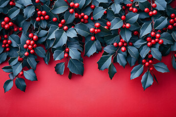 Wall Mural - Abstract holly leaves spreading across a pale red background,