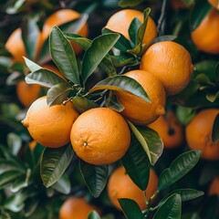 Wall Mural - Fresh Oranges Hanging on a Lush Green Tree