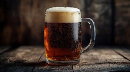 Canvas Print - Mug of cold beer with foam resting on rustic wooden table