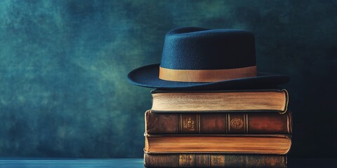 Poster - Academic hat rests on books with free space for text, representing scholarly achievement and education 