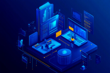 isometric illustration of business professionals using laptops with data technology elements.