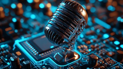 For Blue Dark Digital Macro: Microphone on electronic circuit board with blue light