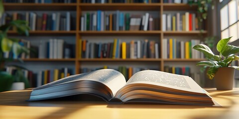 Wall Mural - textbooks open on a table focus on, educational materials, realistic, Composite, library backdrop 