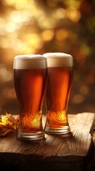 Canvas Print - Two glasses of beer resting on rustic wooden table