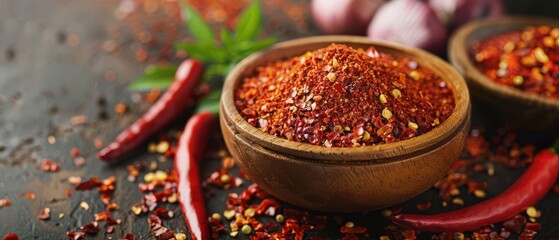 Spicy red chili powder in a wooden bowl surrounded by fresh red chilies on a rustic table.