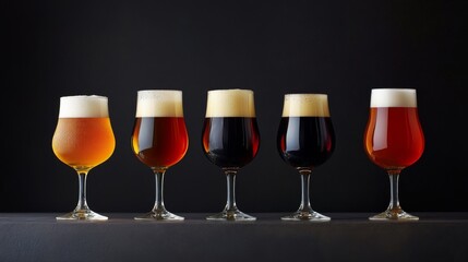 Canvas Print - Five glasses of beer showing a range of colors from light to dark on a black background