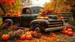 © graja - Halloween theme, a vintage pickup truck adorned with a lot of pumpkins and autumn decorations.