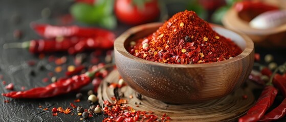 Wall Mural - Spicy red chili powder in a wooden bowl surrounded by fresh red chilies on a rustic table.