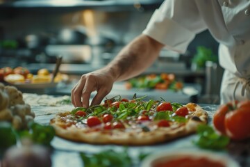 Chef adding fresh arugula to a gourmet pizza topped with cherry tomatoes in a restaurant kitchen