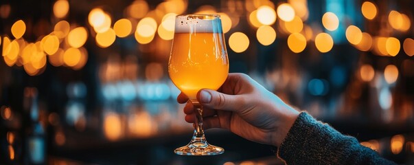 Wall Mural - Person holding glass of beer in bar with bokeh lights