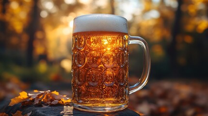 Glass of beer is standing on a stump with autumn leaves in a forest at sunset