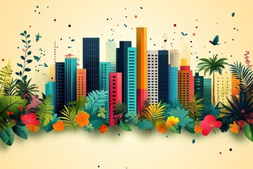 A colorful cityscape with a lot of trees and buildings