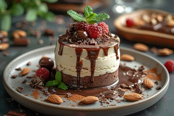 Wall Mural - A chocolate cake with a green leaf on top and raspberries on the side