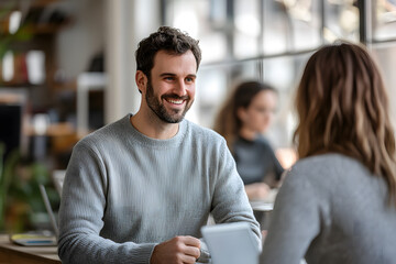 Smiling man having a friendly conversation in a modern cafe, fostering positive interaction