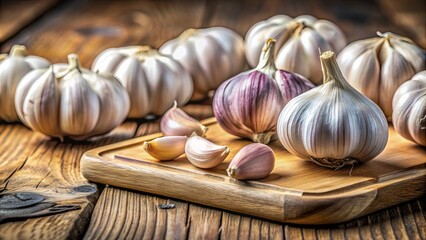 A close-up shot of fresh garlic cloves on a wooden cutting board, aromatic, cooking ingredient, spice, pungent, herb