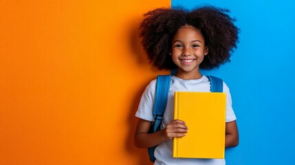 Happy Girl Holding Yellow Book on Bright Colorful Background Symbolizing Joy and Learning