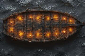 Wall Mural - A boat with many lights on it is floating in the water