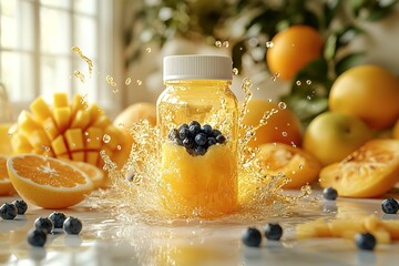 Wall Mural - A jar of blueberries and oranges is splashing water, creating a fun