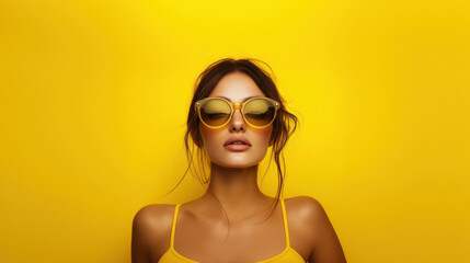 Canvas Print - a woman wearing stylish sunglasses against a bright yellow background.